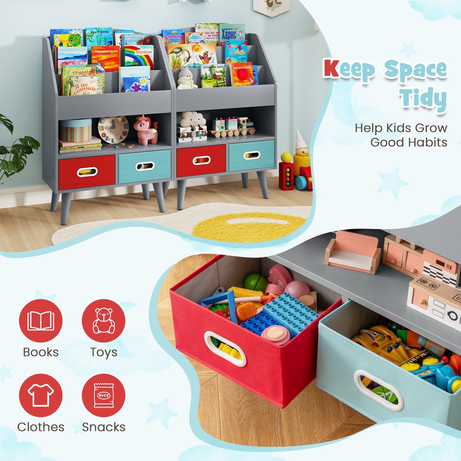Kids Bookshelf with Open Compartment for Toddlers 3+ Years Old-Gray