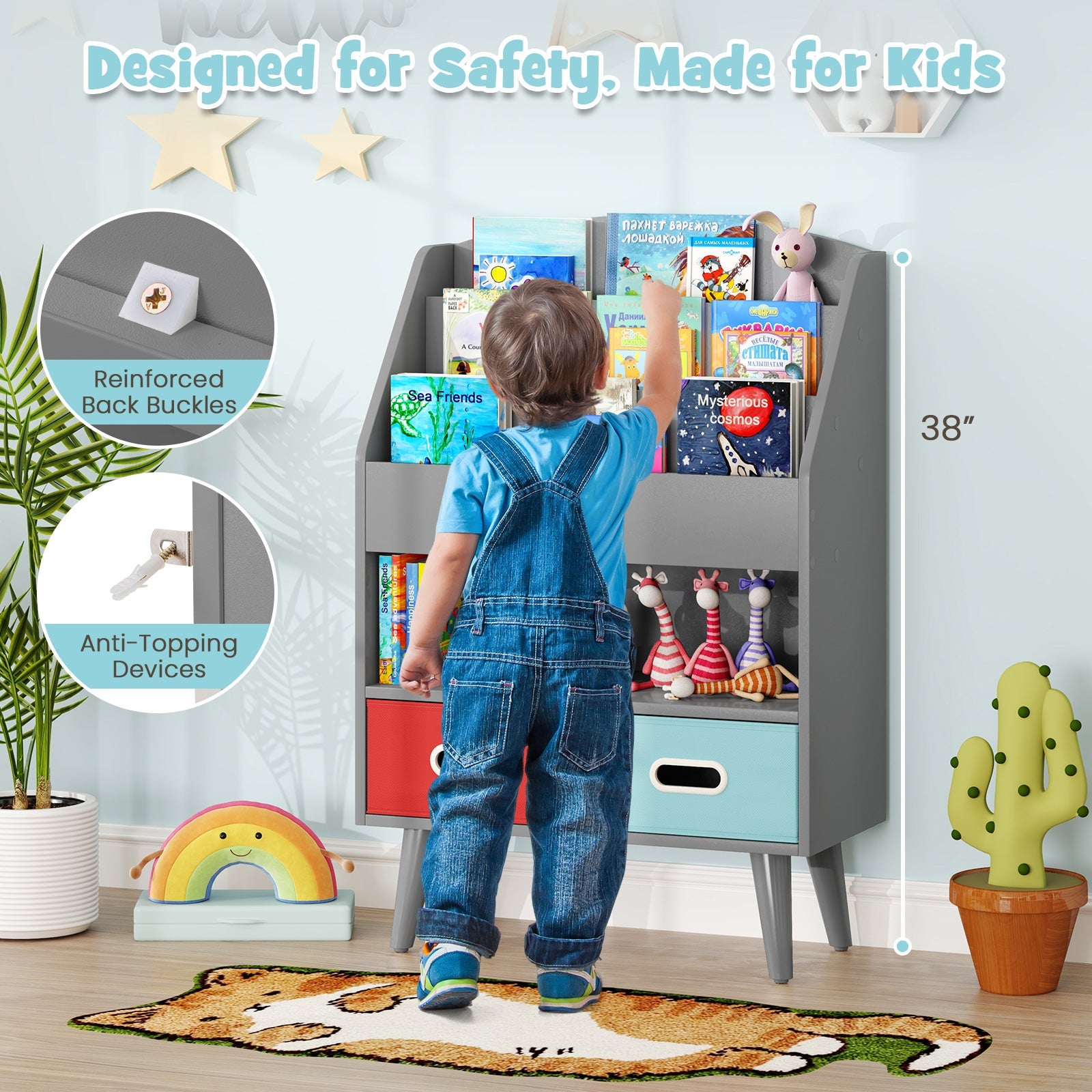 Kids Bookshelf with Open Compartment for Toddlers 3+ Years Old-Gray