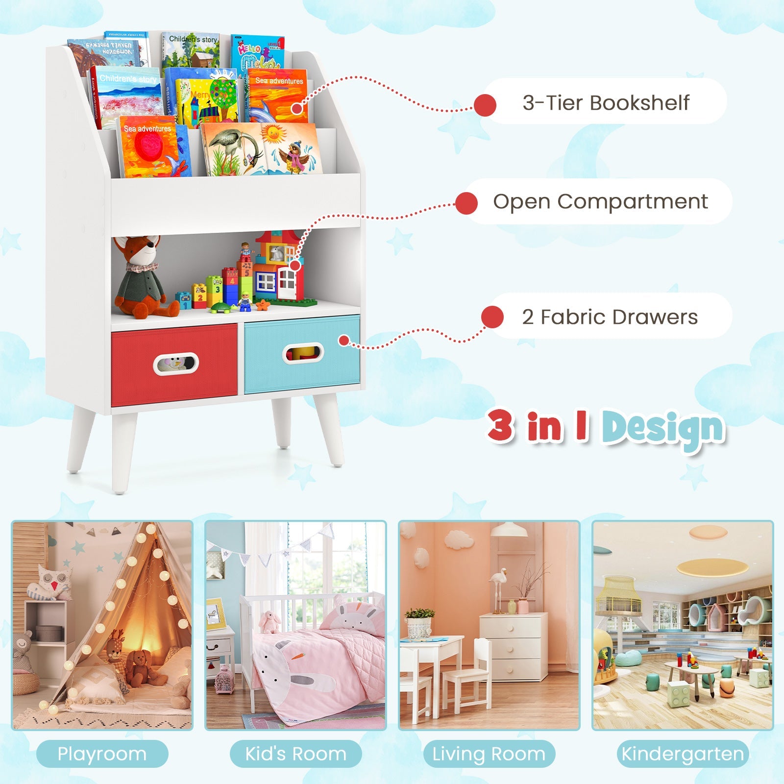 Kids Bookshelf with Open Compartment for Toddlers 3+ Years Old-White