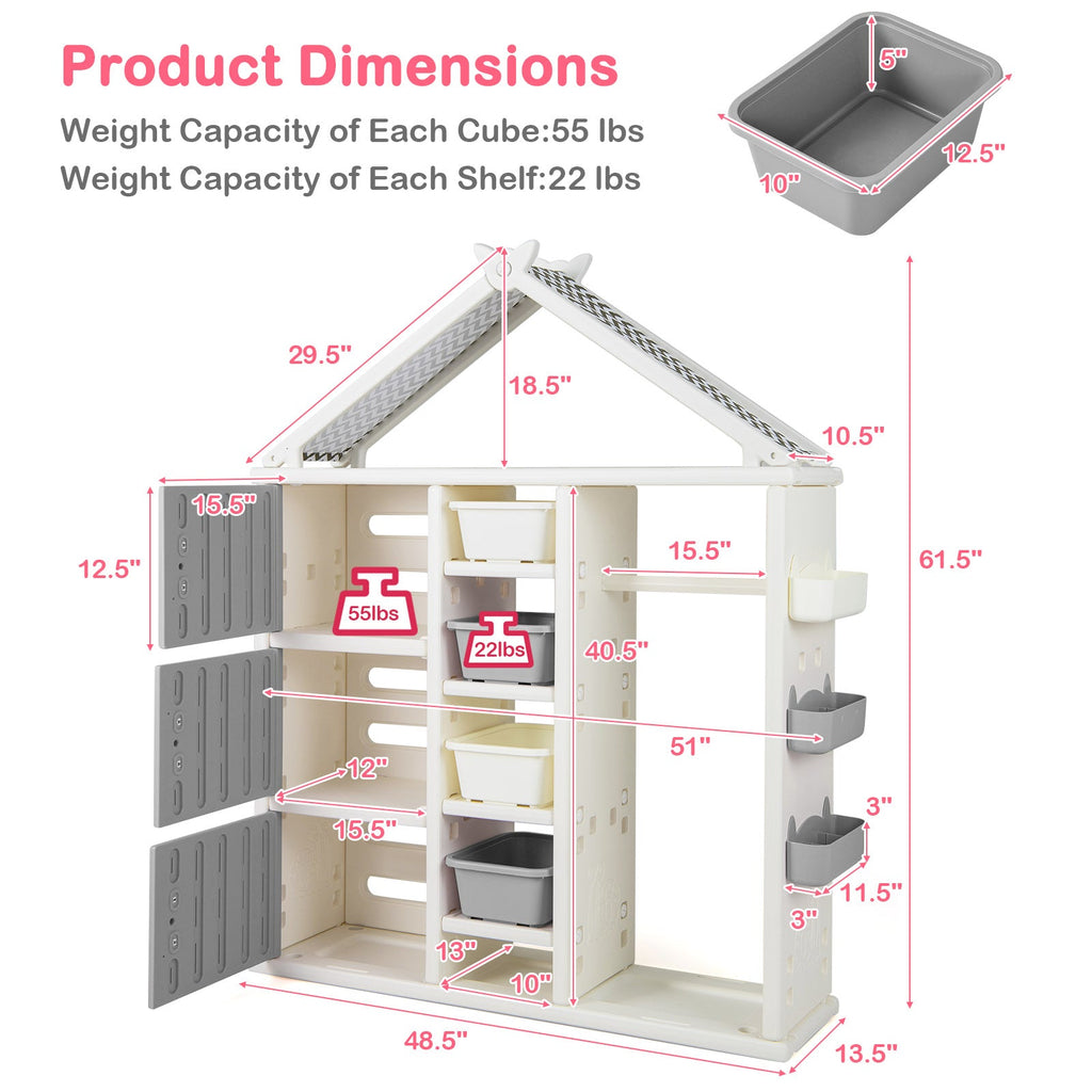 Kids Costume Storage Closet with Storage Bins and Shelves and Side Baskets for Kids Room-Gray