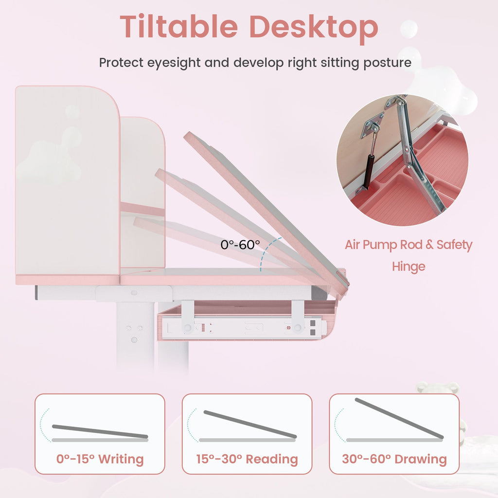 Kids Desk and Chair Set with Adjustable Height and Tilted Desktop-Pink