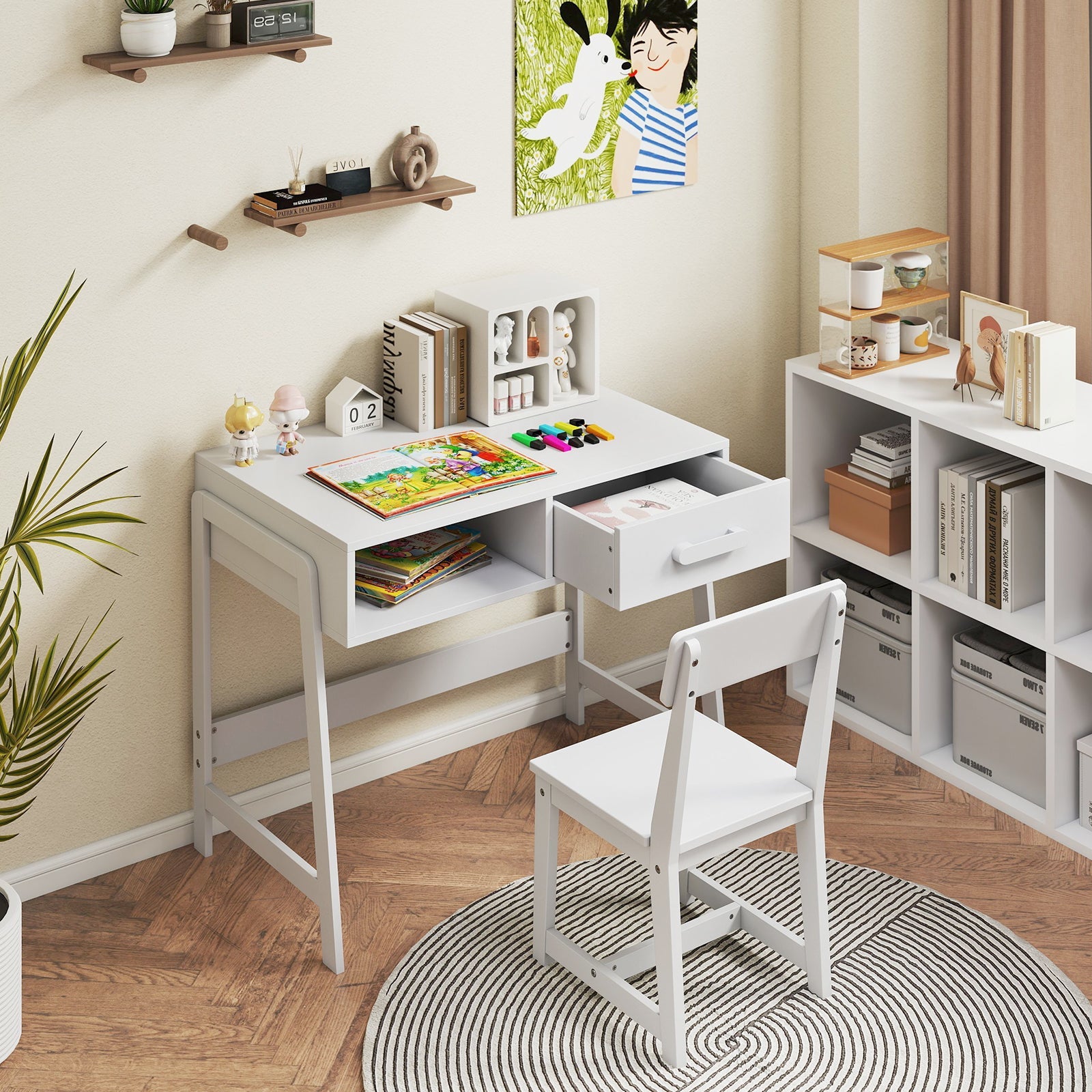 Kids Desk and Chair Set with Storage Drawer and Hutch-White