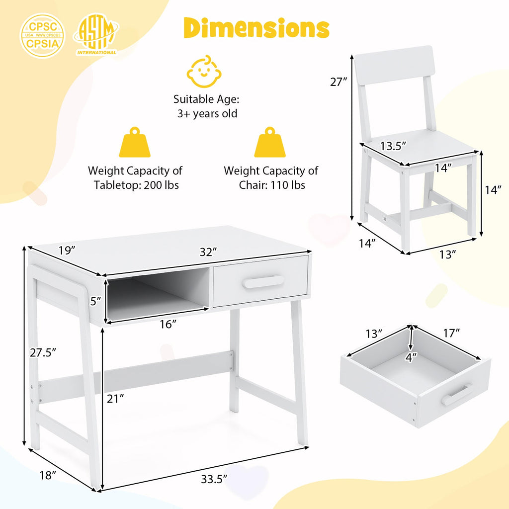 Kids Desk and Chair Set with Storage Drawer and Hutch-White