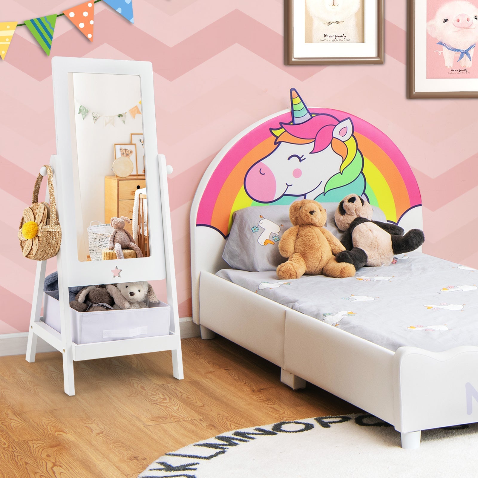 Kids Full Length Mirror 360 Degree Rotatable Dressing Mirror with Storage Bin-White