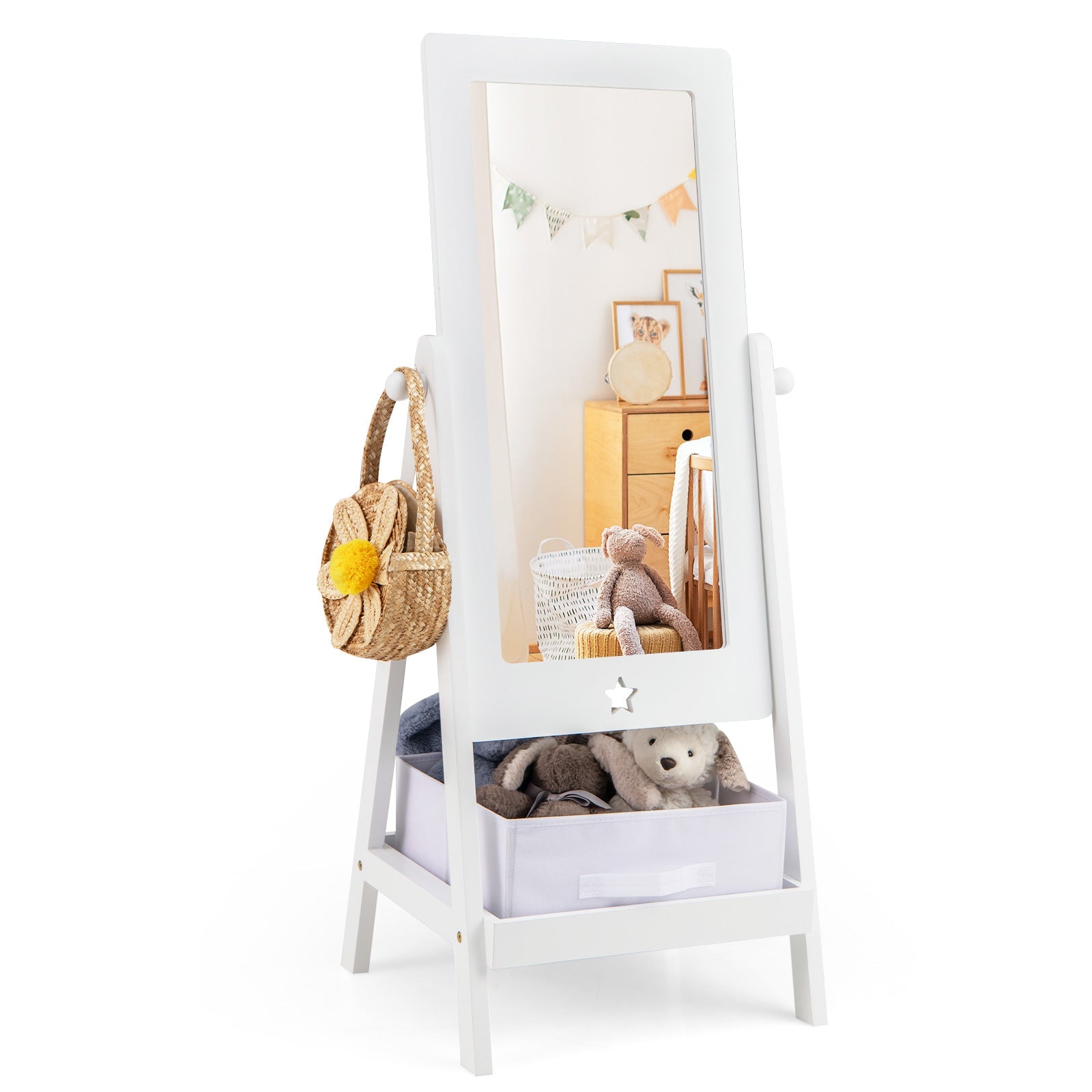 Kids Full Length Mirror 360 Degree Rotatable Dressing Mirror with Storage Bin-White