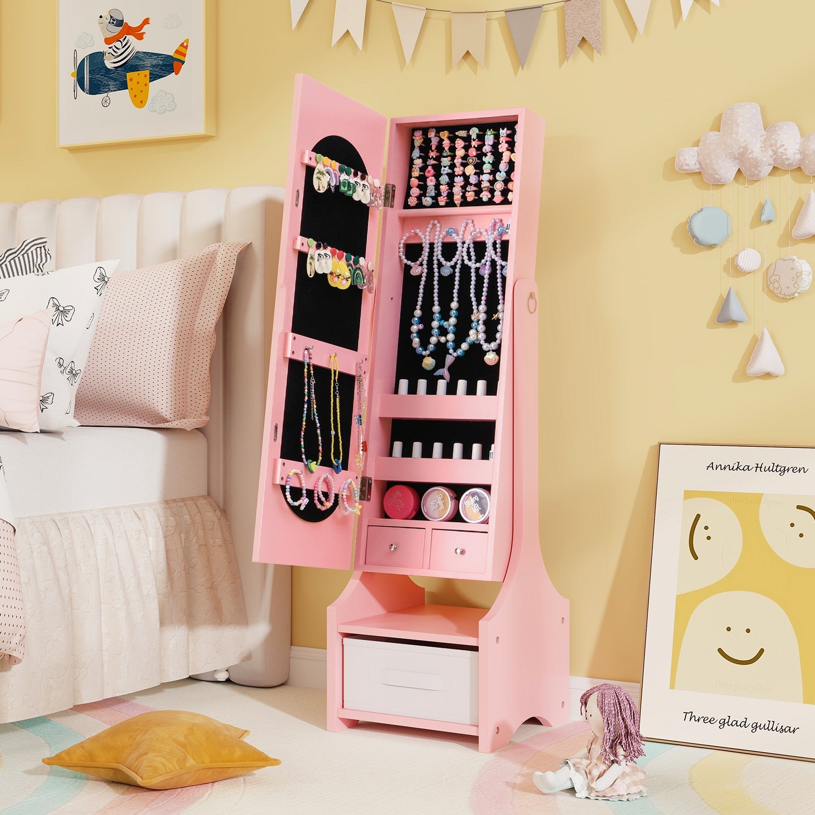 Freestanding Kids Jewelry Armoire Cabinet with Storage and 2 Tilt Angles-Pink