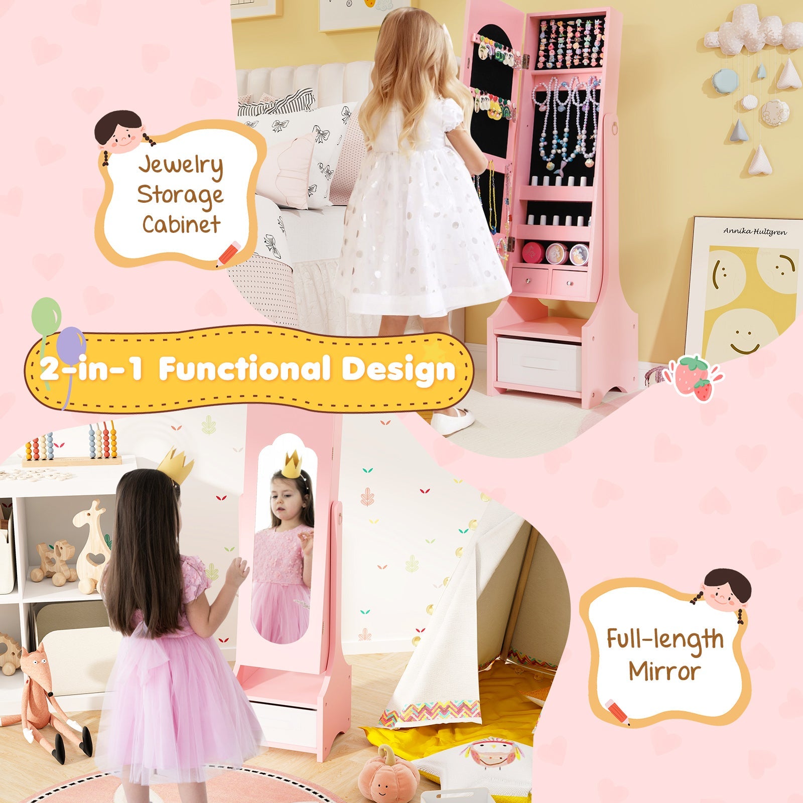 Freestanding Kids Jewelry Armoire Cabinet with Storage and 2 Tilt Angles-Pink