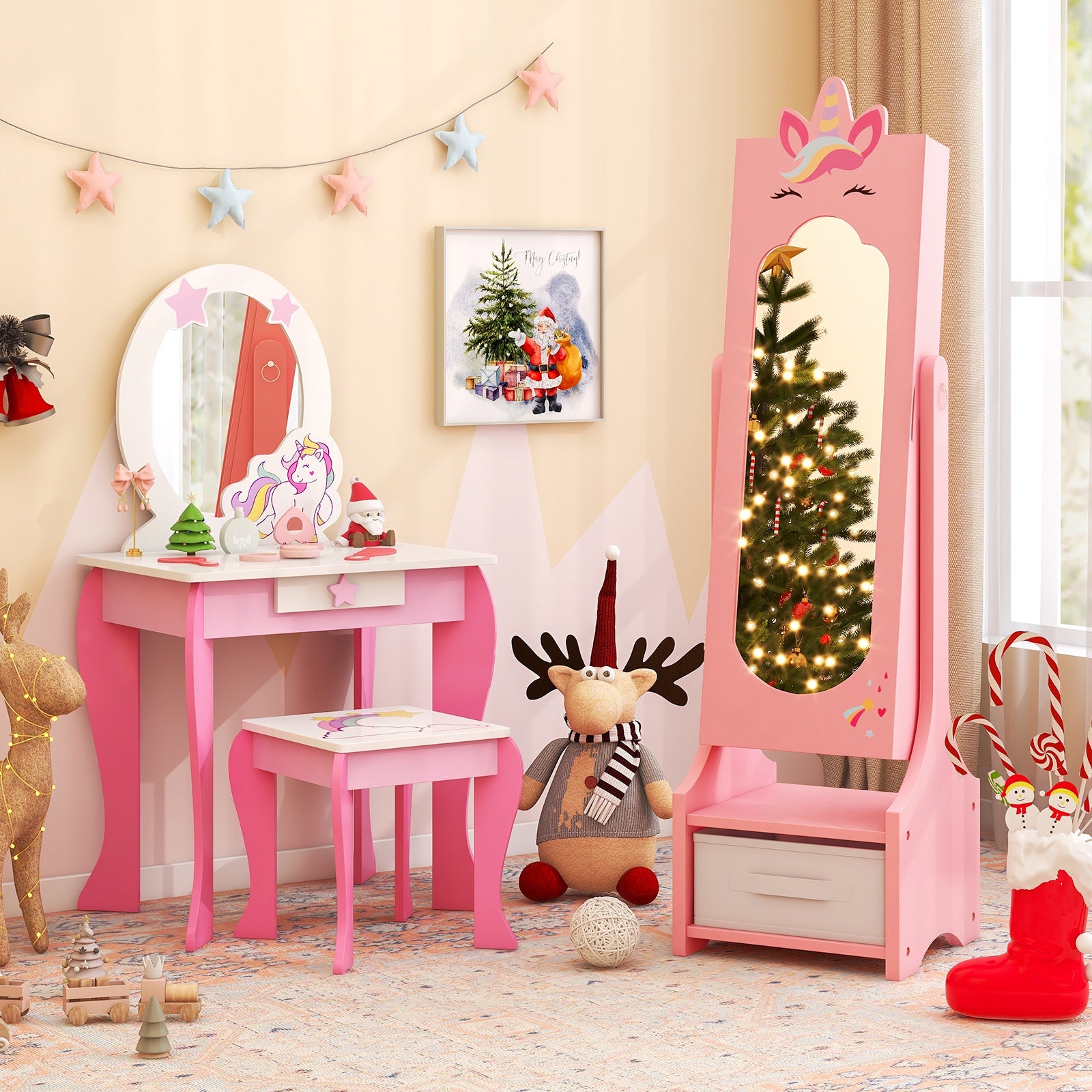 Kids Jewelry Cabinet with Full-Length Mirror for Kids Bedroom and Playroom-Pink