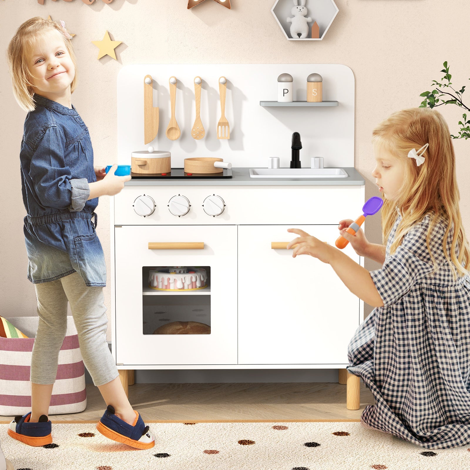 Kids Kitchen Playset with Cooking Accessories and Storage-White