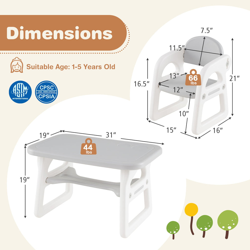 Kids Table and Chair Set with Building Blocks-Gray