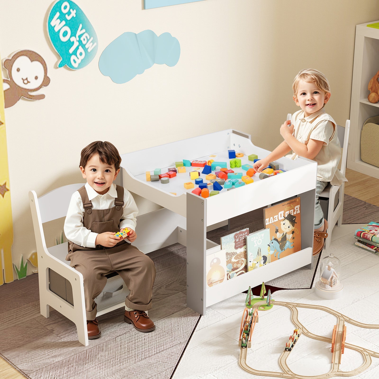 4 in 1 Kids Toddler Activity Table and Chairs Set with Reversible Tabletop-Grey