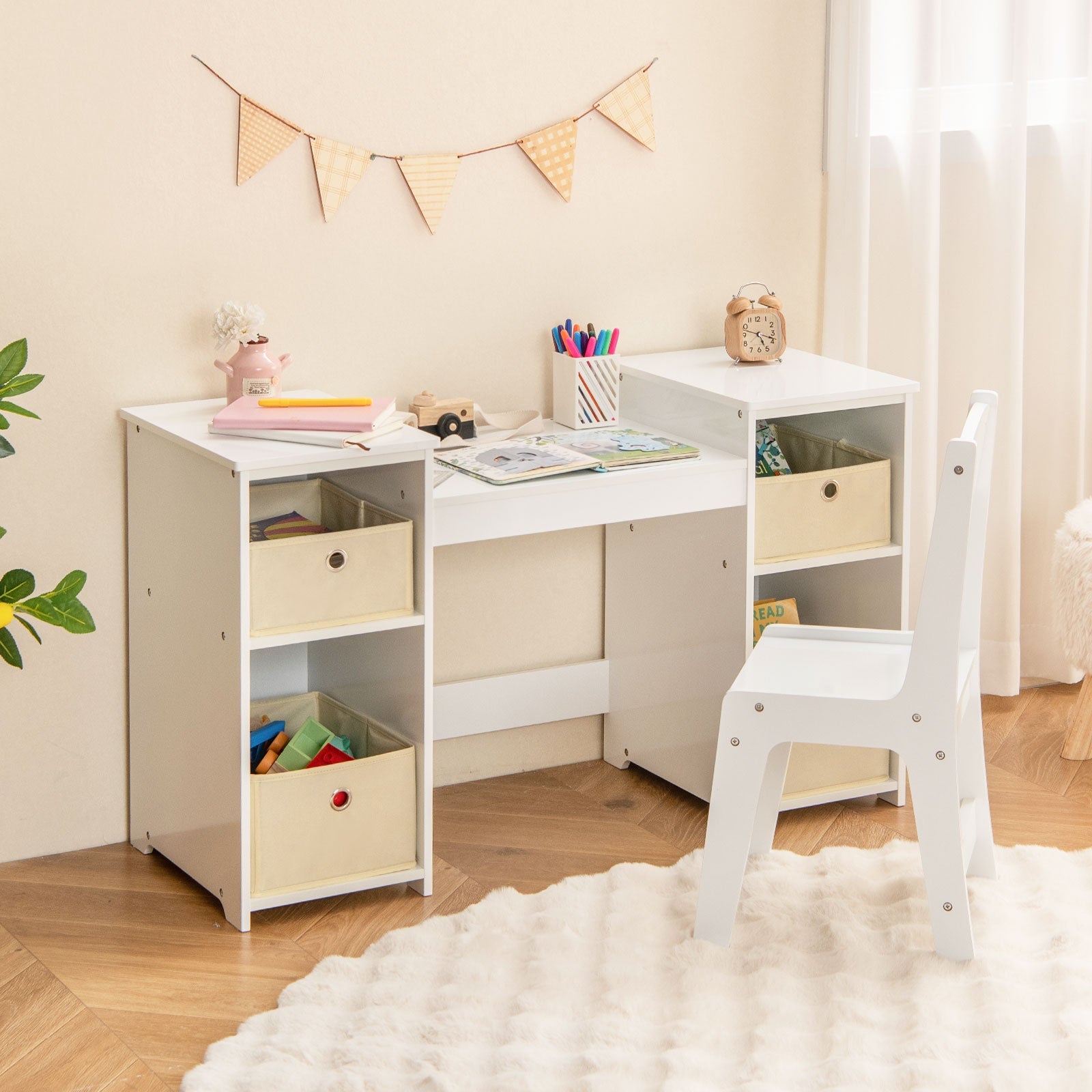 Kids Vanity Table and Chair Set with Removable Mirrors and 4 Storage Bins-White