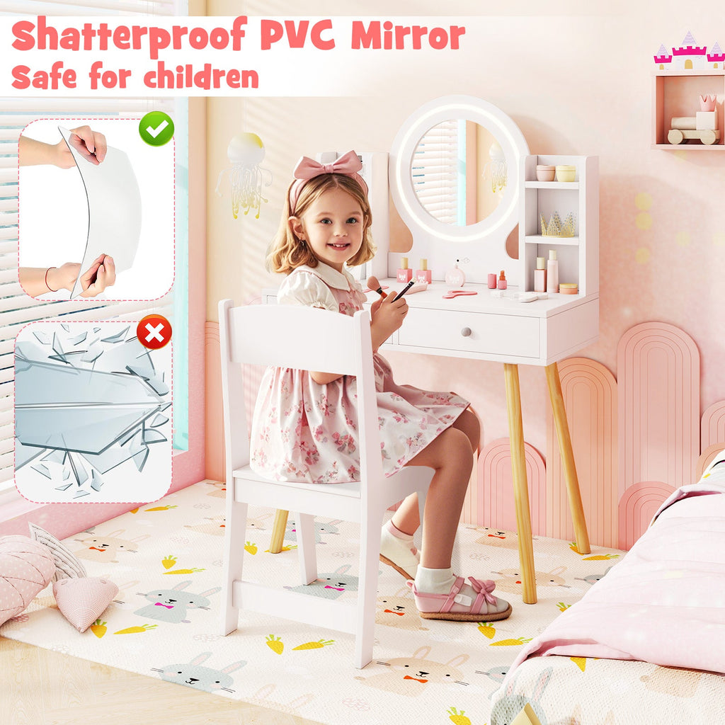 Kids Vanity Set with Lighted Mirror and Storage Drawers-White