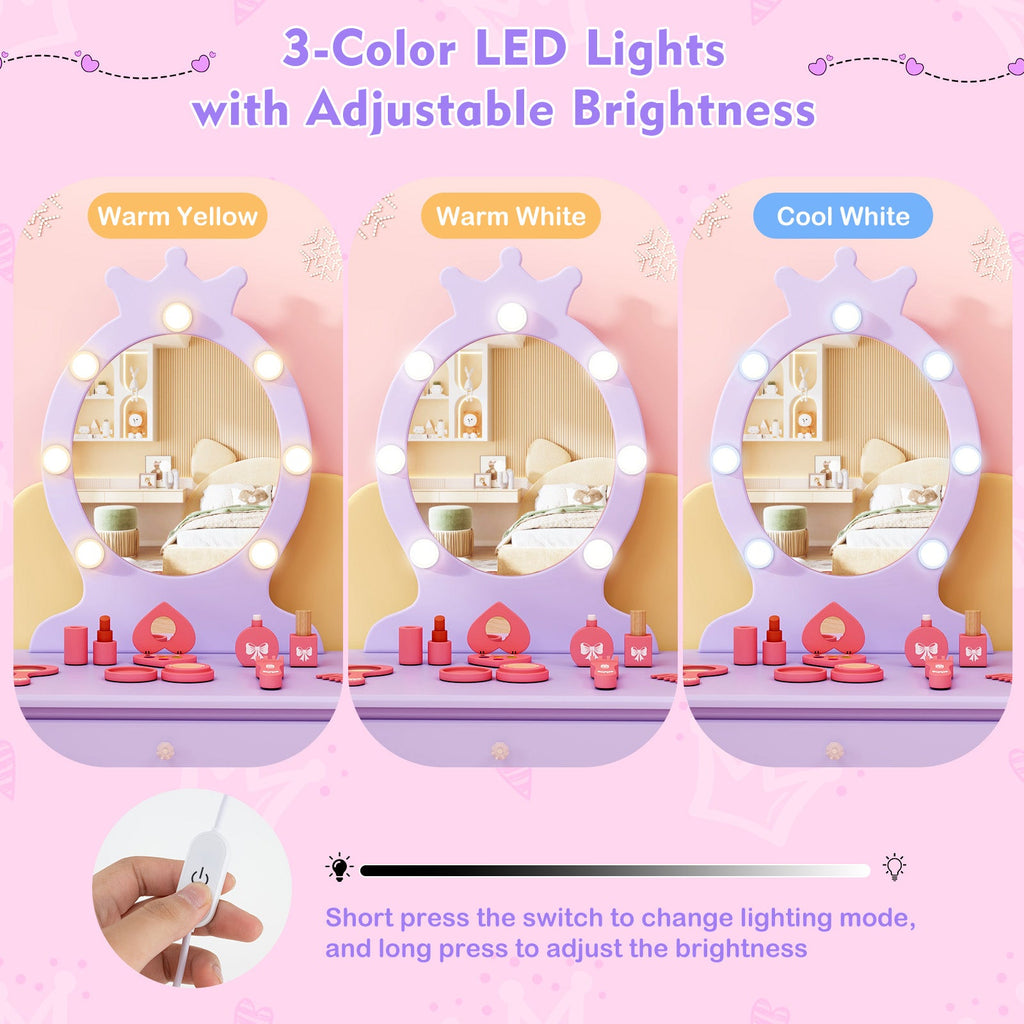 Kids Vanity Set with Lighted Mirror with Adjustable Brightness and Large Drawer-Purple