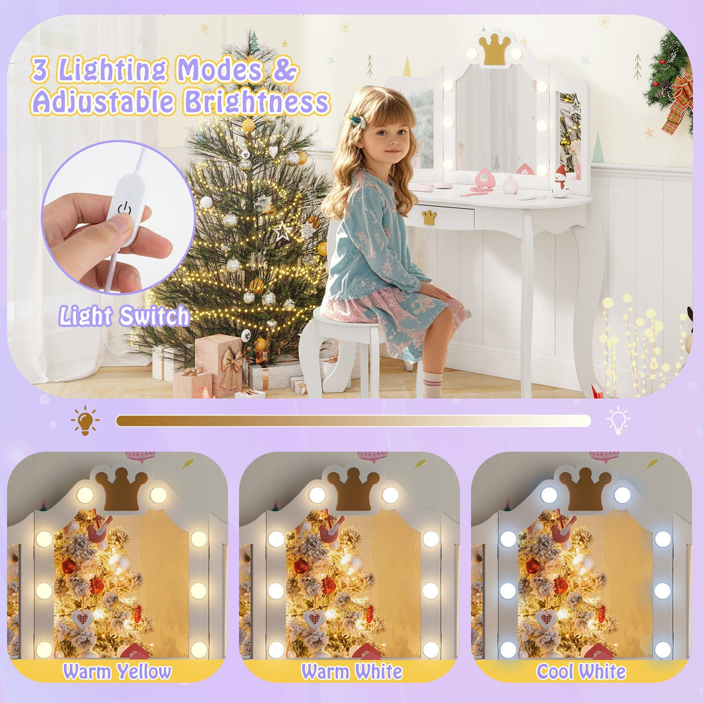 Kids Vanity Set with Tri-fold Lighted Mirror Detachable Top and Stool-White