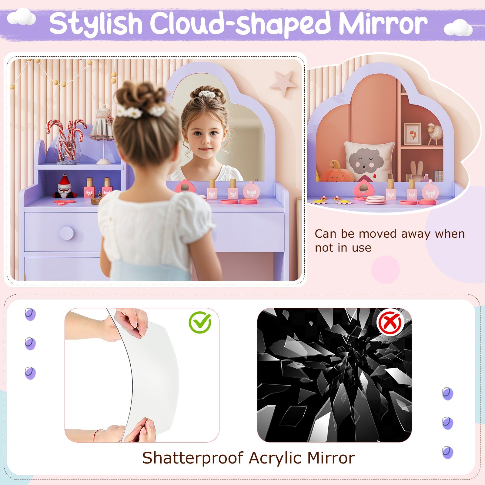 Kids Vanity Table and Chair Set with Cloud-shaped Mirror and Open Shelf-Purple