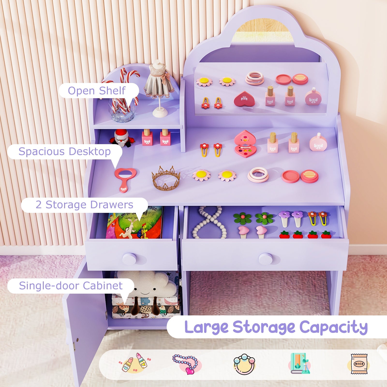 Kids Vanity Table and Chair Set with Cloud-shaped Mirror and Open Shelf-Purple