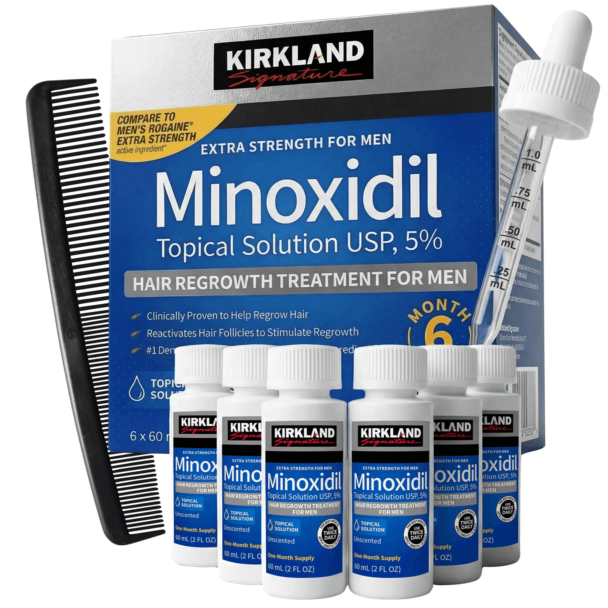 Kirkland 5% Minoxidil Liquid Extra Strength Hair Regrowth Treatment with Comb, 5% Topical Solution, 6 Months Supply