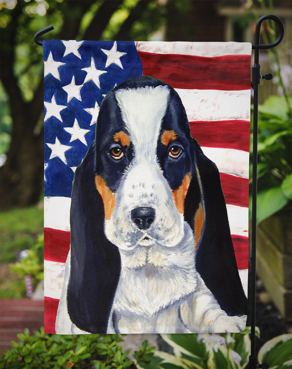 USA American Flag with Basset Hound Garden Flag Mailbox Decorative Yard Banner Outside Patio Artwork for Flower Beds, Garden Size, Multicolor