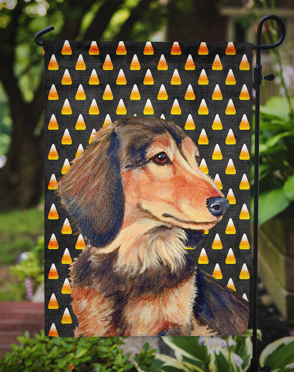 Dachshund Candy Corn Halloween Portrait Garden Flag Mailbox Decorative Yard Banner Outside Patio Artwork for Flower Beds, Garden Size, Multicolor