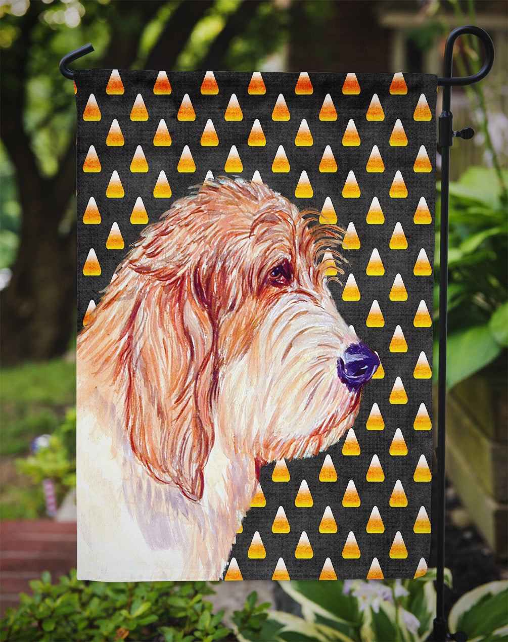 Petit Basset Griffon Vendeen Candy Corn Halloween Portrait Garden Flag Mailbox Decorative Yard Banner Outside Patio Artwork for Flower Beds, Garden Size, Multicolor