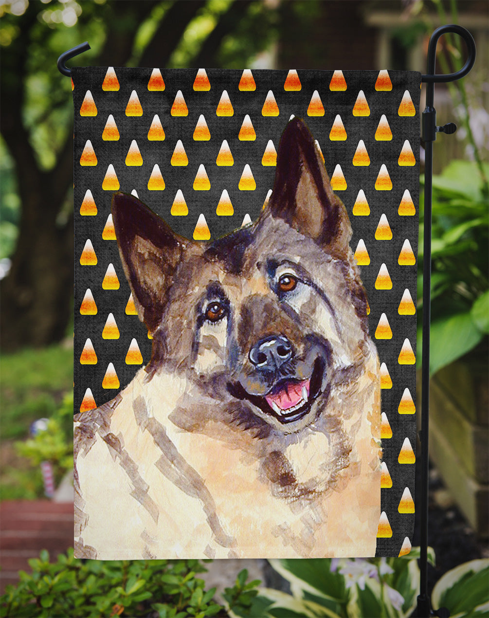 Norwegian Elkhound Candy Corn Halloween Portrait Garden Flag Mailbox Decorative Yard Banner Outside Patio Artwork for Flower Beds, Garden Size, Multicolor