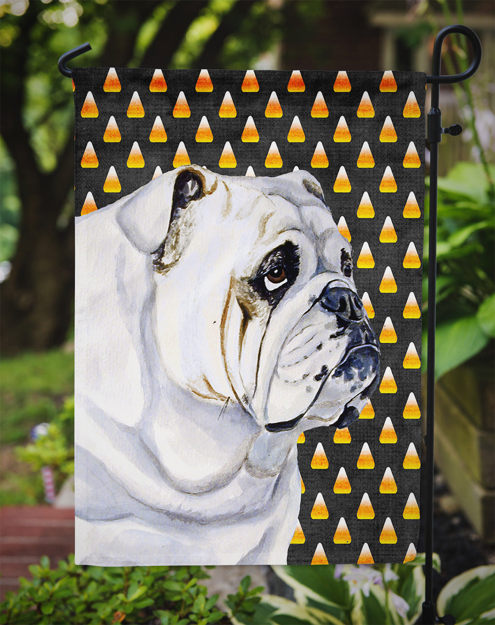 Bulldog English Candy Corn Halloween Portrait Garden Flag Mailbox Decorative Yard Banner Outside Patio Artwork for Flower Beds, Garden Size, Multicolor