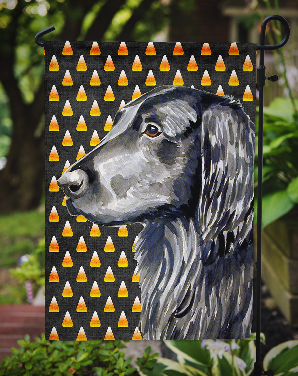 Flat Coated Retriever Candy Corn Halloween Portrait Garden Flag Mailbox Decorative Yard Banner Outside Patio Artwork for Flower Beds, Garden Size, Multicolor