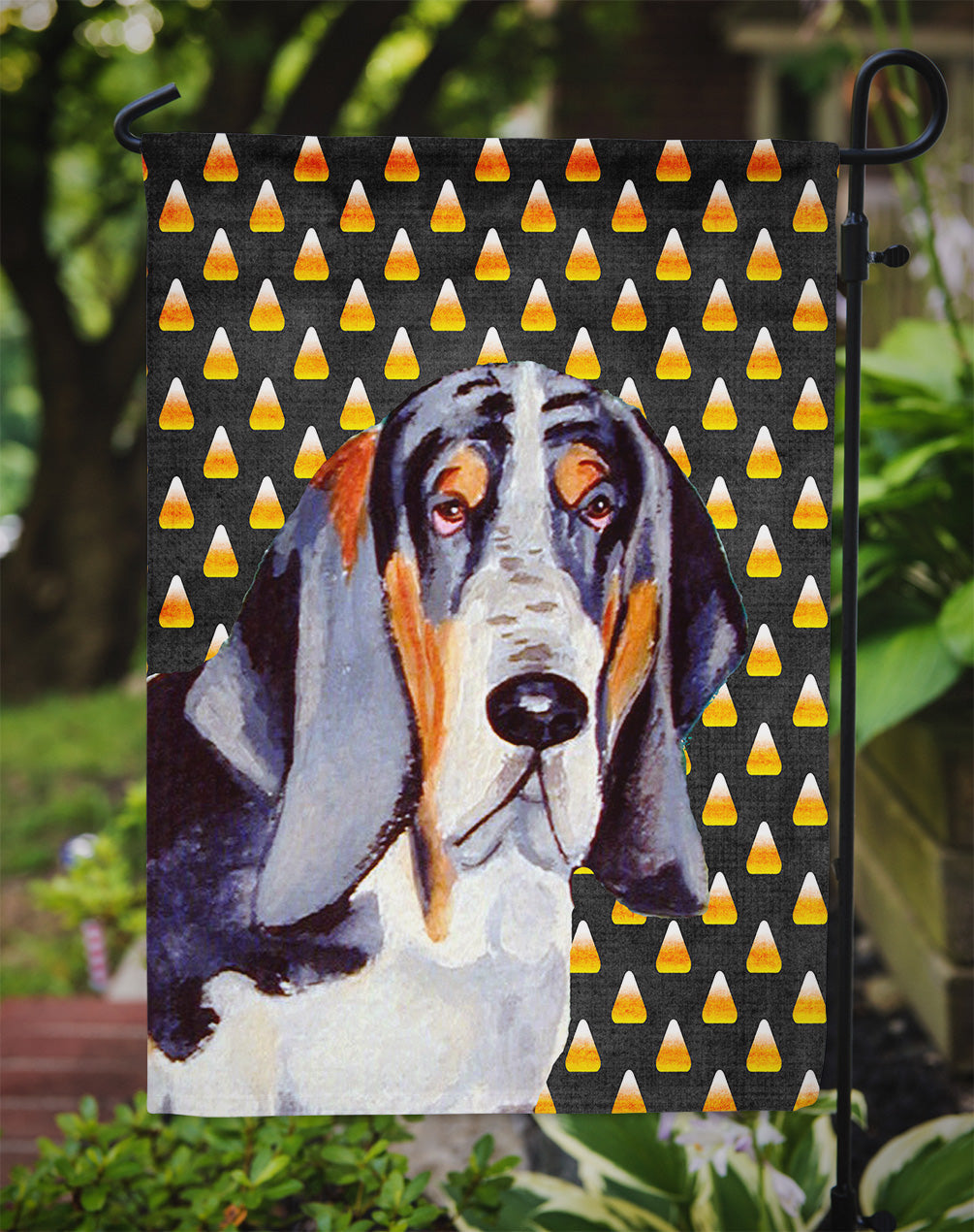 Basset Hound Candy Corn Halloween Portrait Garden Flag Mailbox Decorative Yard Banner Outside Patio Artwork for Flower Beds, Garden Size, Multicolor