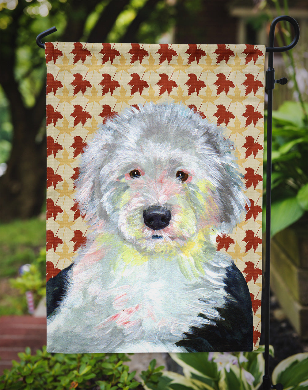 Old English Sheepdog Fall Leaves Portrait Garden Flag Mailbox Decorative Yard Banner Outside Patio Artwork for Flower Beds, Garden Size, Multicolor