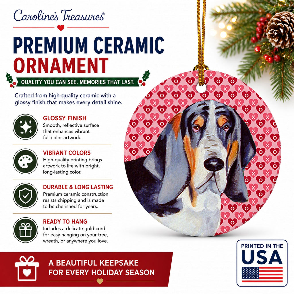 Basset Hound Hearts Love and Valentine's Day Portrait Ceramic Ornament Christmas Tree Hanging Decorations for Home Christmas Holiday, Party, Gift, 3 in, Multicolor