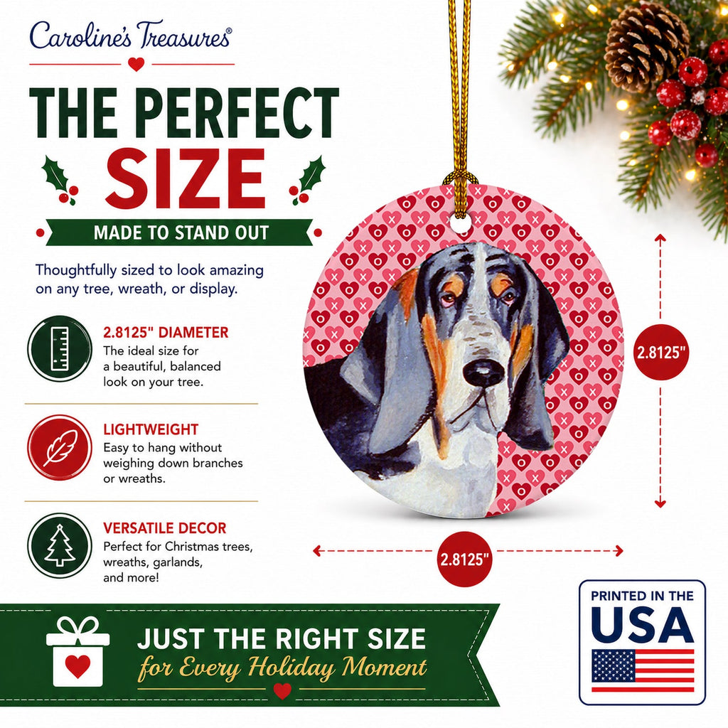 Basset Hound Hearts Love and Valentine's Day Portrait Ceramic Ornament Christmas Tree Hanging Decorations for Home Christmas Holiday, Party, Gift, 3 in, Multicolor