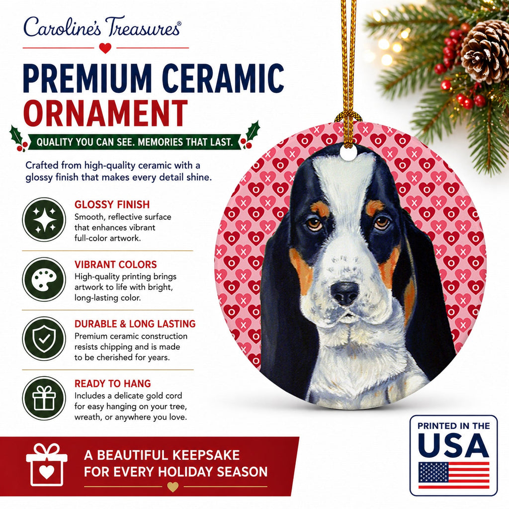 Basset Hound Hearts Love and Valentine's Day Portrait Ceramic Ornament Christmas Tree Hanging Decorations for Home Christmas Holiday, Party, Gift, 3 in, Multicolor