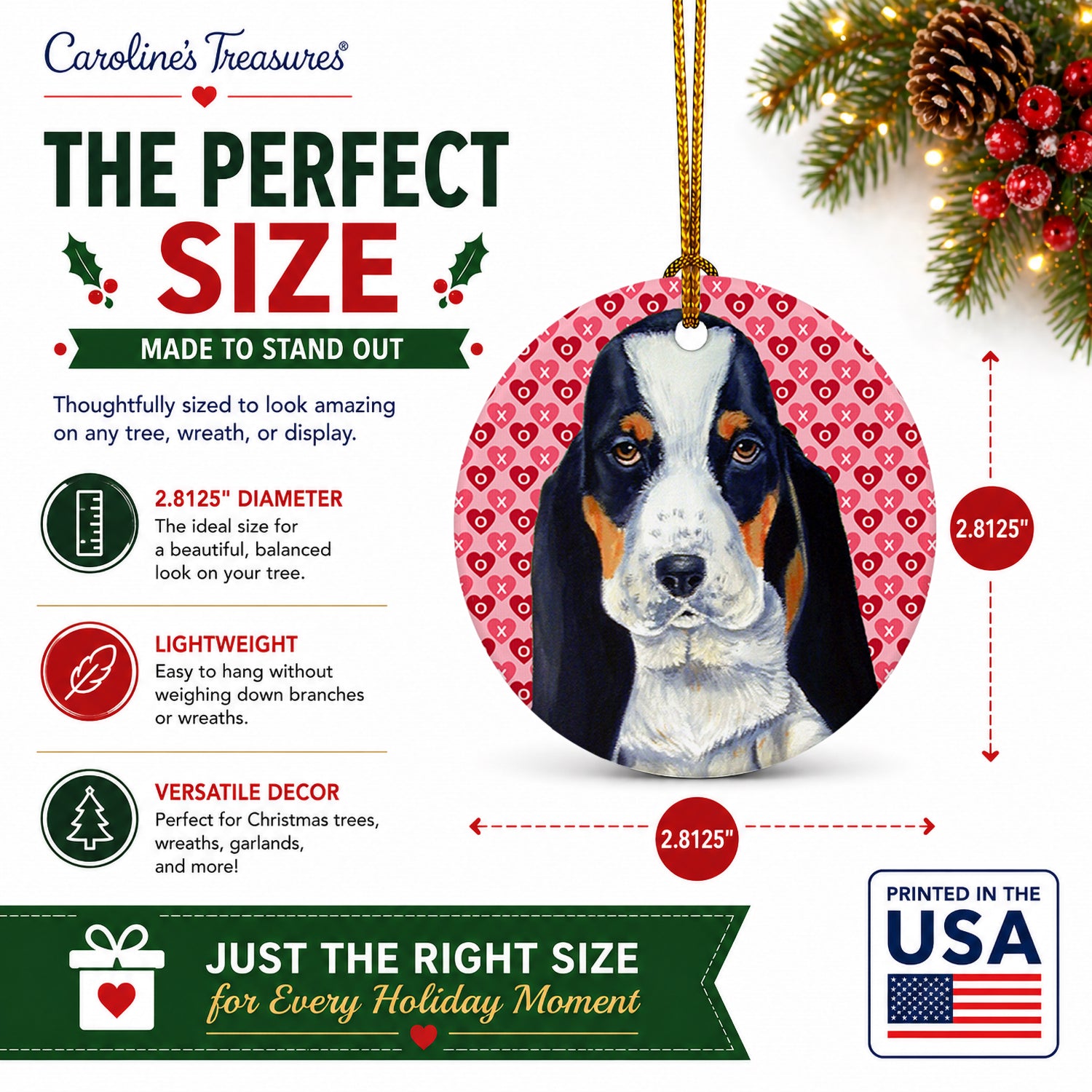 Basset Hound Hearts Love and Valentine's Day Portrait Ceramic Ornament Christmas Tree Hanging Decorations for Home Christmas Holiday, Party, Gift, 3 in, Multicolor