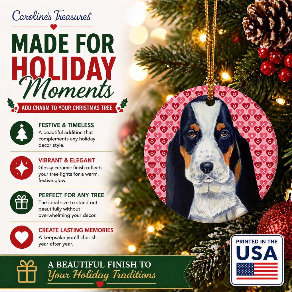 Basset Hound Hearts Love and Valentine's Day Portrait Ceramic Ornament Christmas Tree Hanging Decorations for Home Christmas Holiday, Party, Gift, 3 in, Multicolor