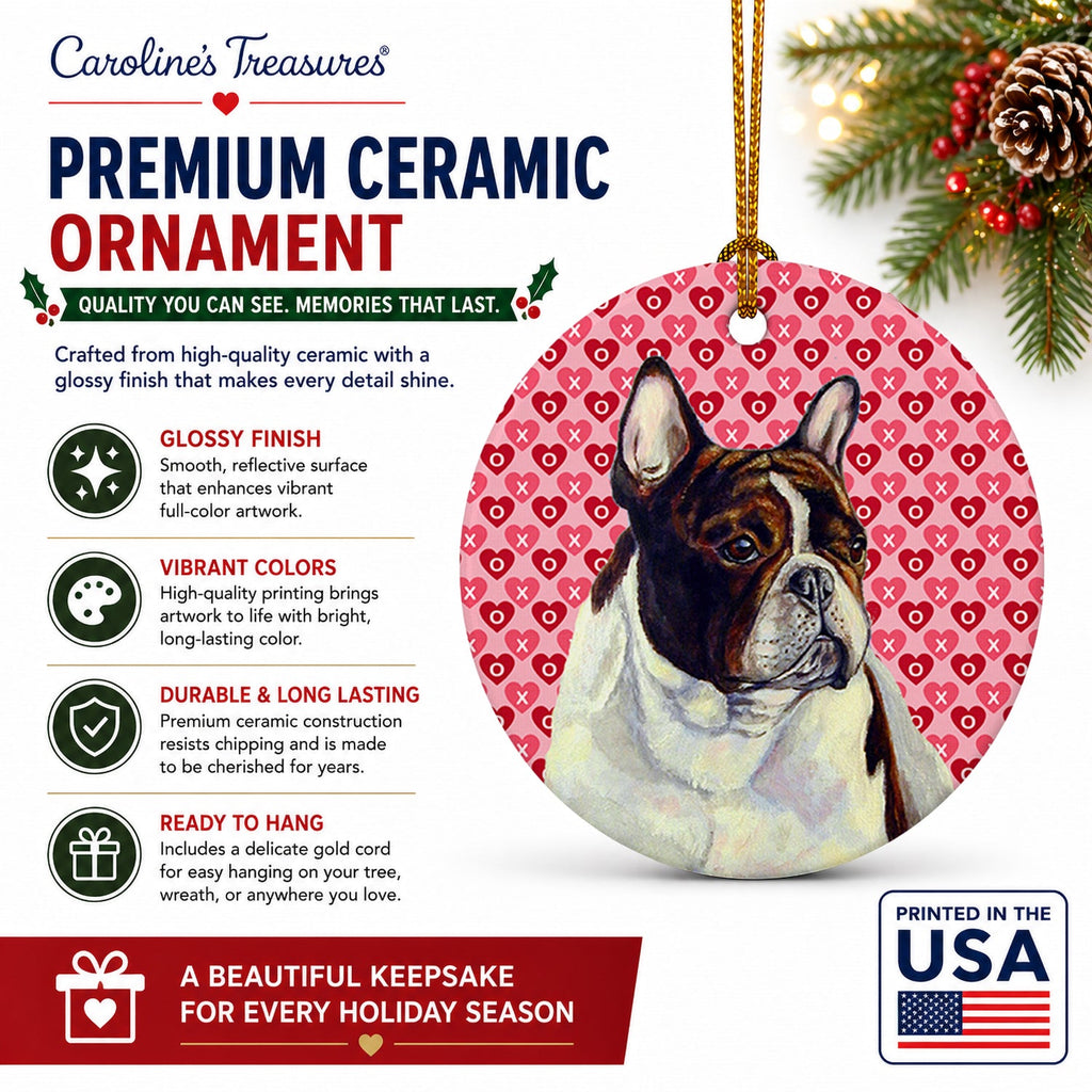 French Bulldog Hearts Love and Valentine's Day Portrait Ceramic Ornament Christmas Tree Hanging Decorations for Home Christmas Holiday, Party, Gift, 3 in, Multicolor