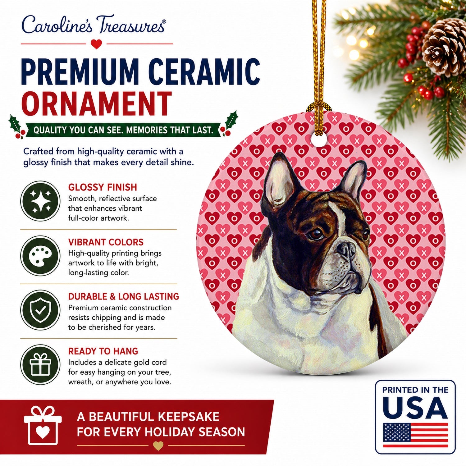 French Bulldog Hearts Love and Valentine's Day Portrait Ceramic Ornament Christmas Tree Hanging Decorations for Home Christmas Holiday, Party, Gift, 3 in, Multicolor