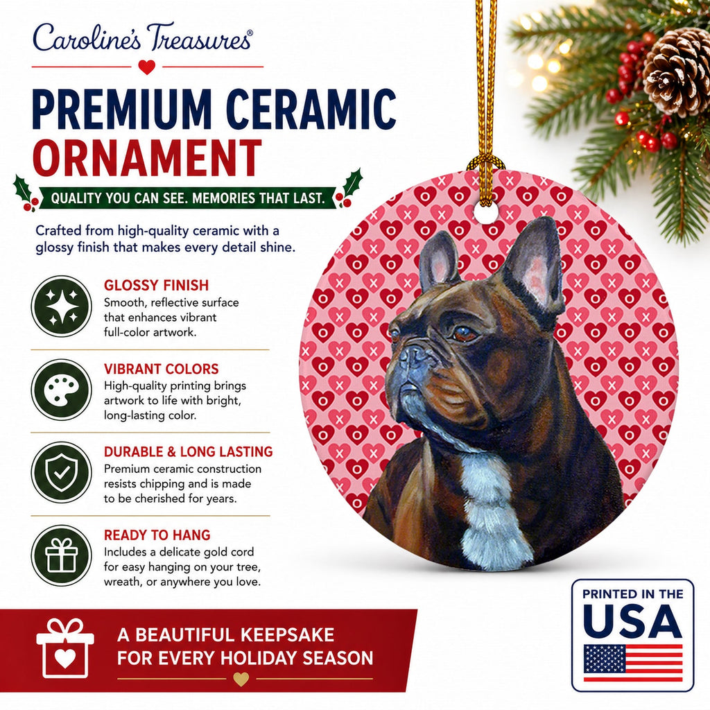 French Bulldog Hearts Love and Valentine's Day Portrait Ceramic Ornament Christmas Tree Hanging Decorations for Home Christmas Holiday, Party, Gift, 3 in, Multicolor