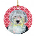Old English Sheepdog Hearts Love and Valentine's Day Portrait Ceramic Ornament Christmas Tree Hanging Decorations for Home Christmas Holiday, Party, Gift, 3 in, Multicolor