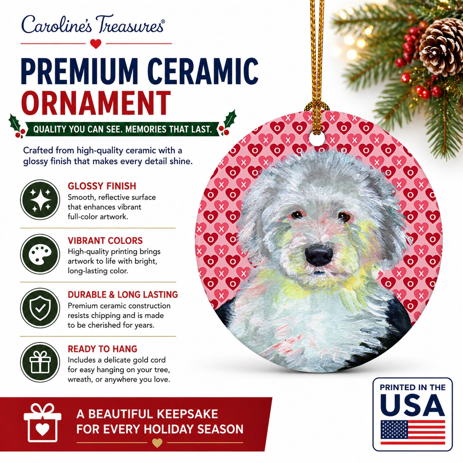 Old English Sheepdog Hearts Love and Valentine's Day Portrait Ceramic Ornament Christmas Tree Hanging Decorations for Home Christmas Holiday, Party, Gift, 3 in, Multicolor