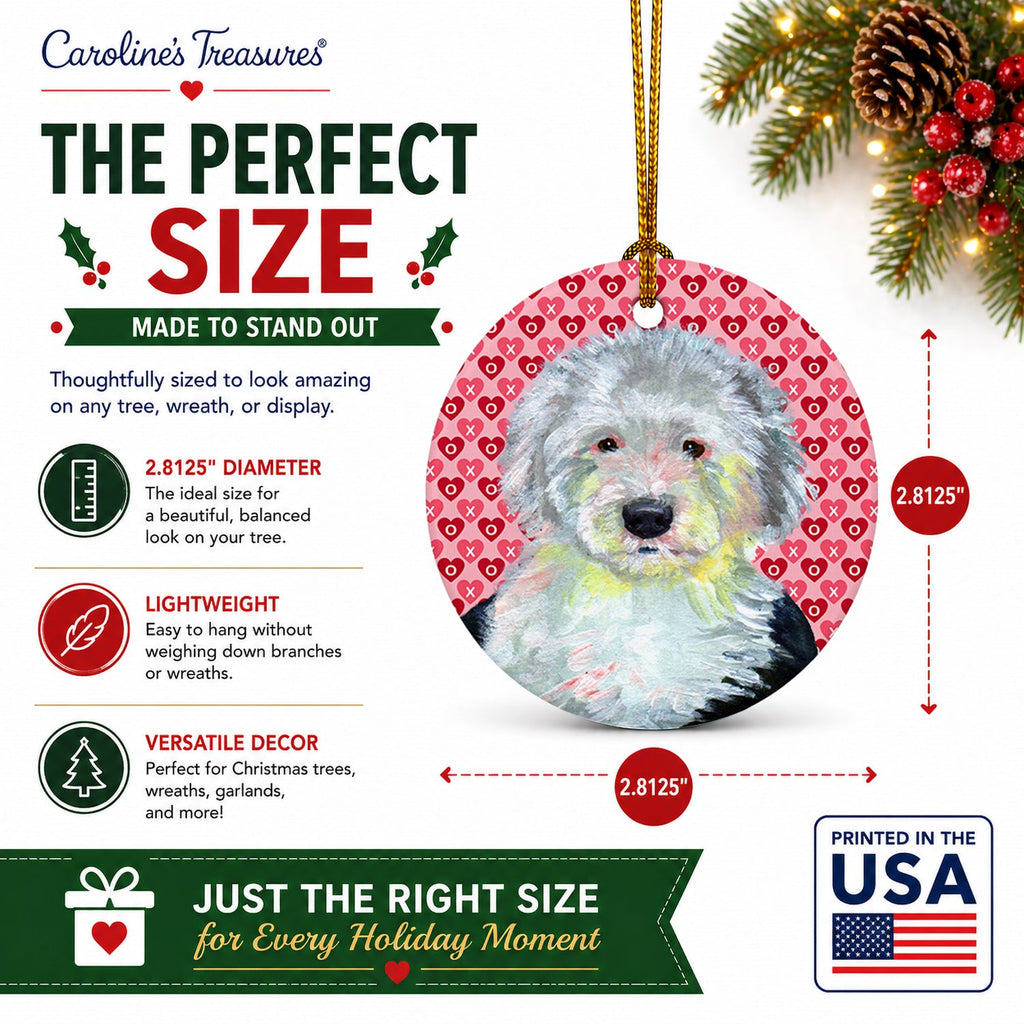 Old English Sheepdog Hearts Love and Valentine's Day Portrait Ceramic Ornament Christmas Tree Hanging Decorations for Home Christmas Holiday, Party, Gift, 3 in, Multicolor