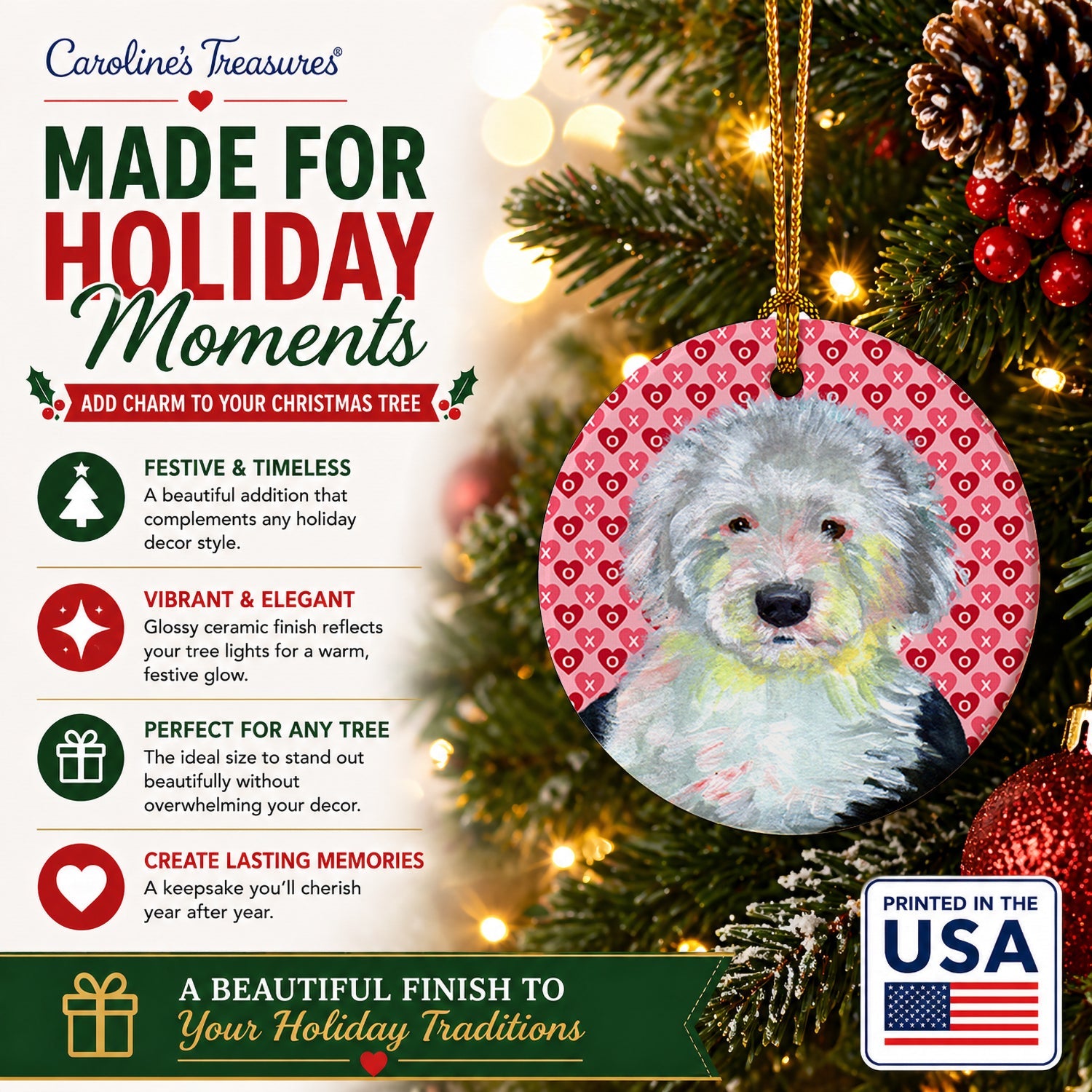 Old English Sheepdog Hearts Love and Valentine's Day Portrait Ceramic Ornament Christmas Tree Hanging Decorations for Home Christmas Holiday, Party, Gift, 3 in, Multicolor