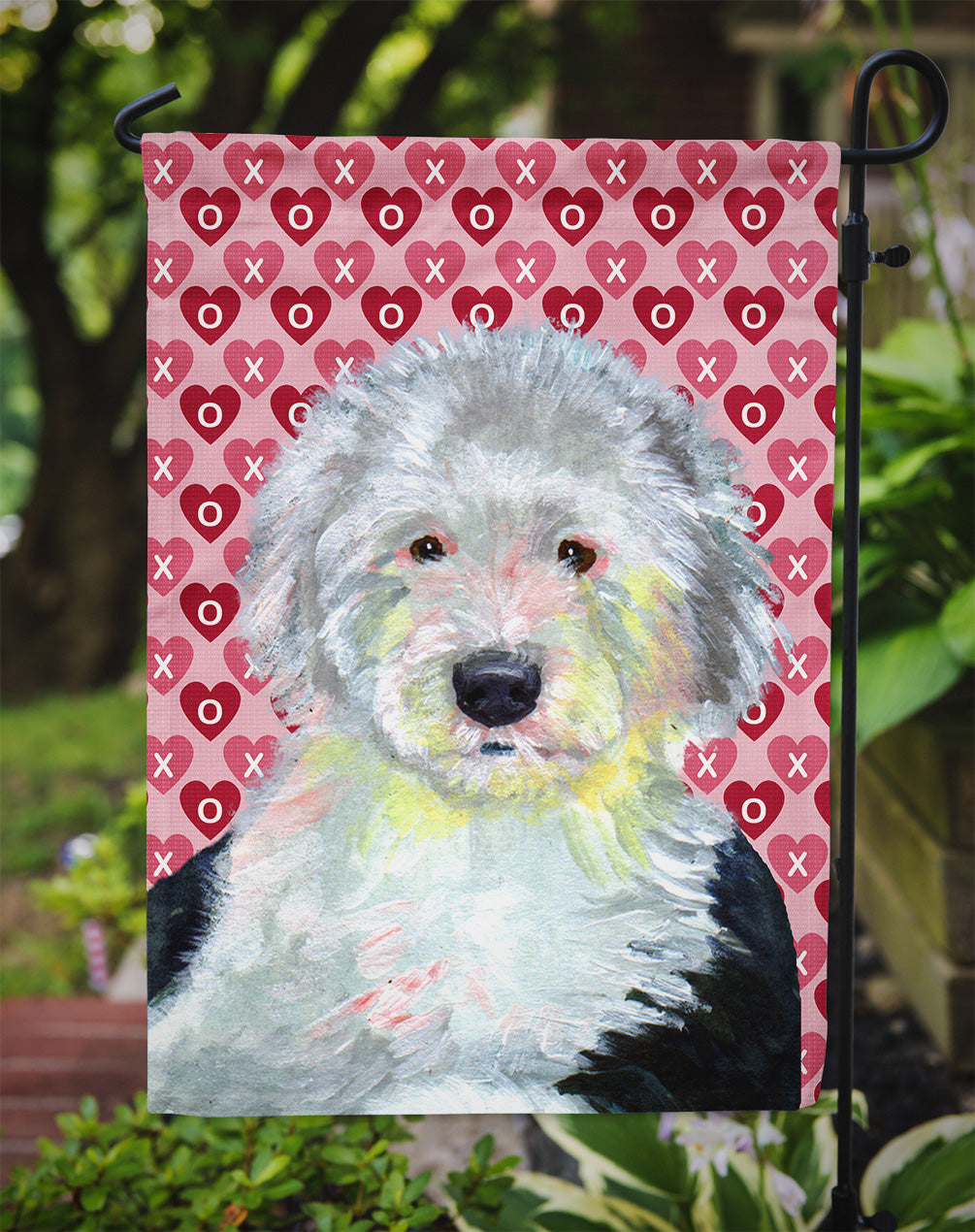 Old English Sheepdog Hearts Love and Valentine's Day Portrait Garden Flag Mailbox Decorative Yard Banner Outside Patio Artwork for Flower Beds, Garden Size, Multicolor