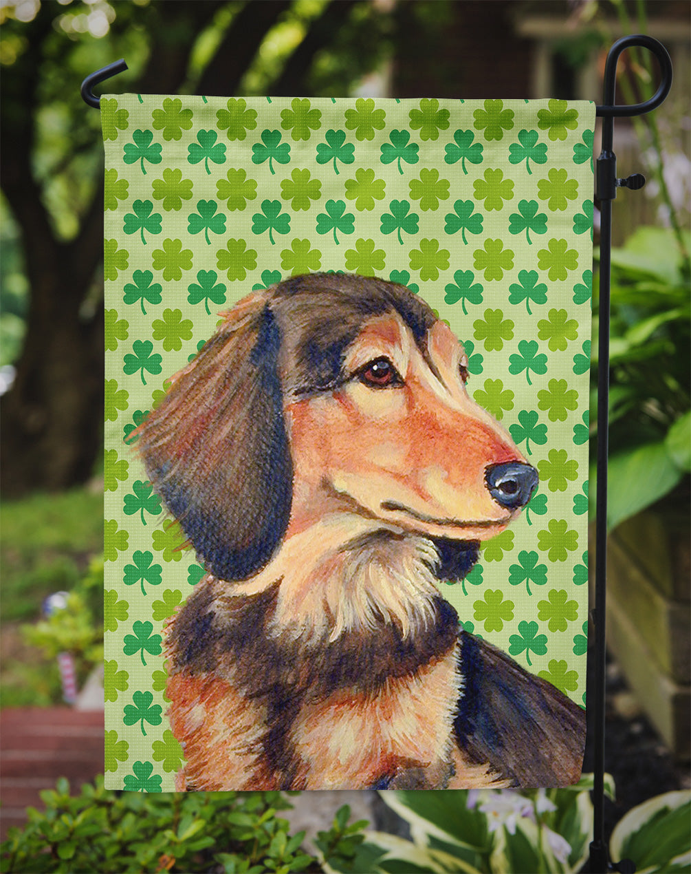 Dachshund St. Patrick's Day Shamrock Portrait Garden Flag Mailbox Decorative Yard Banner Outside Patio Artwork for Flower Beds, Garden Size, Multicolor