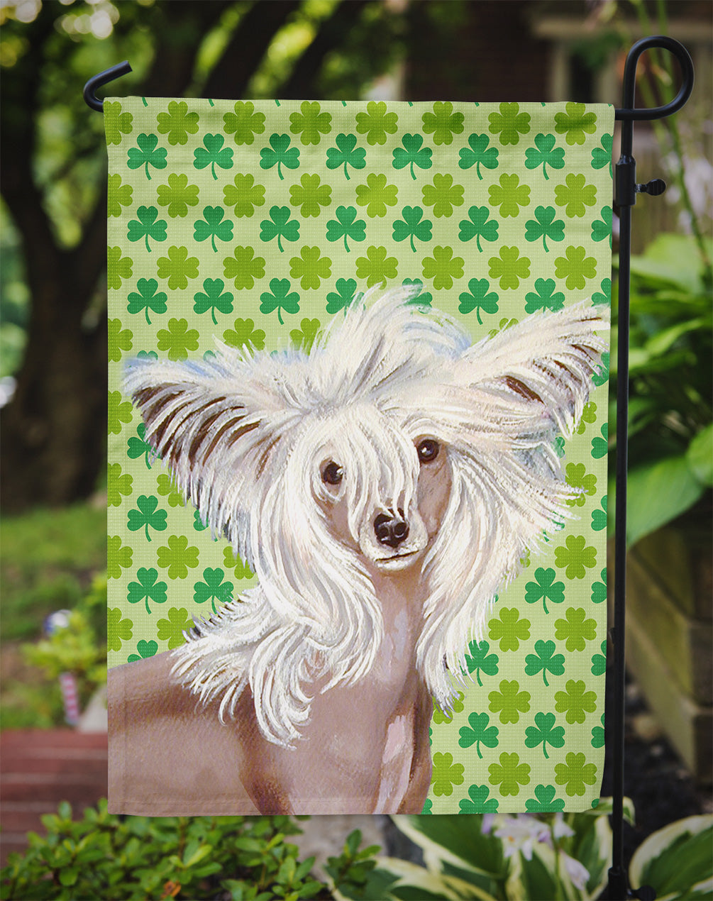 Chinese Crested St. Patrick's Day Shamrock Portrait Garden Flag Mailbox Decorative Yard Banner Outside Patio Artwork for Flower Beds, Garden Size, Multicolor