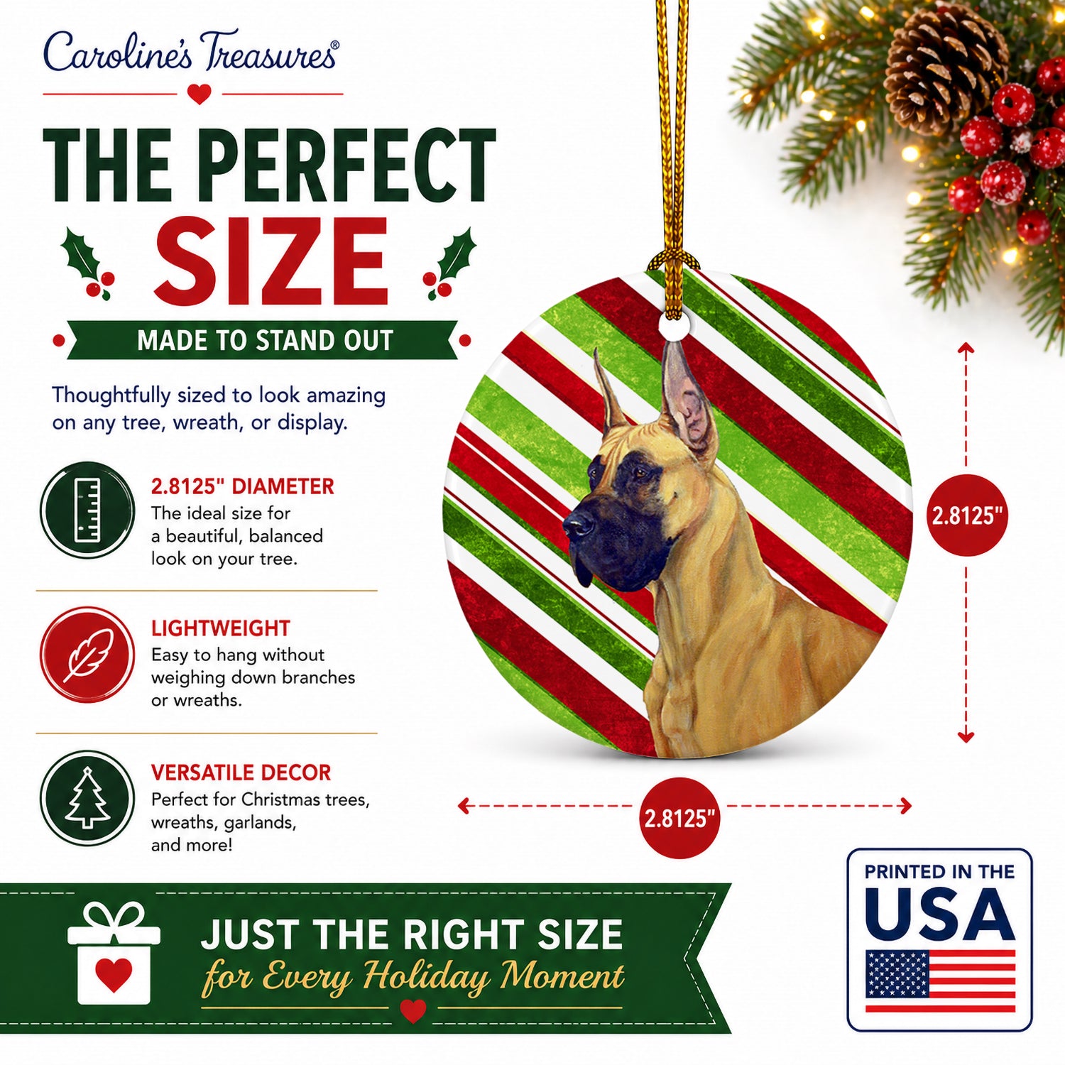 Great Dane Candy Cane Holiday Christmas Ceramic Ornament Christmas Tree Hanging Decorations for Home Christmas Holiday, Party, Gift, 3 in, Multicolor
