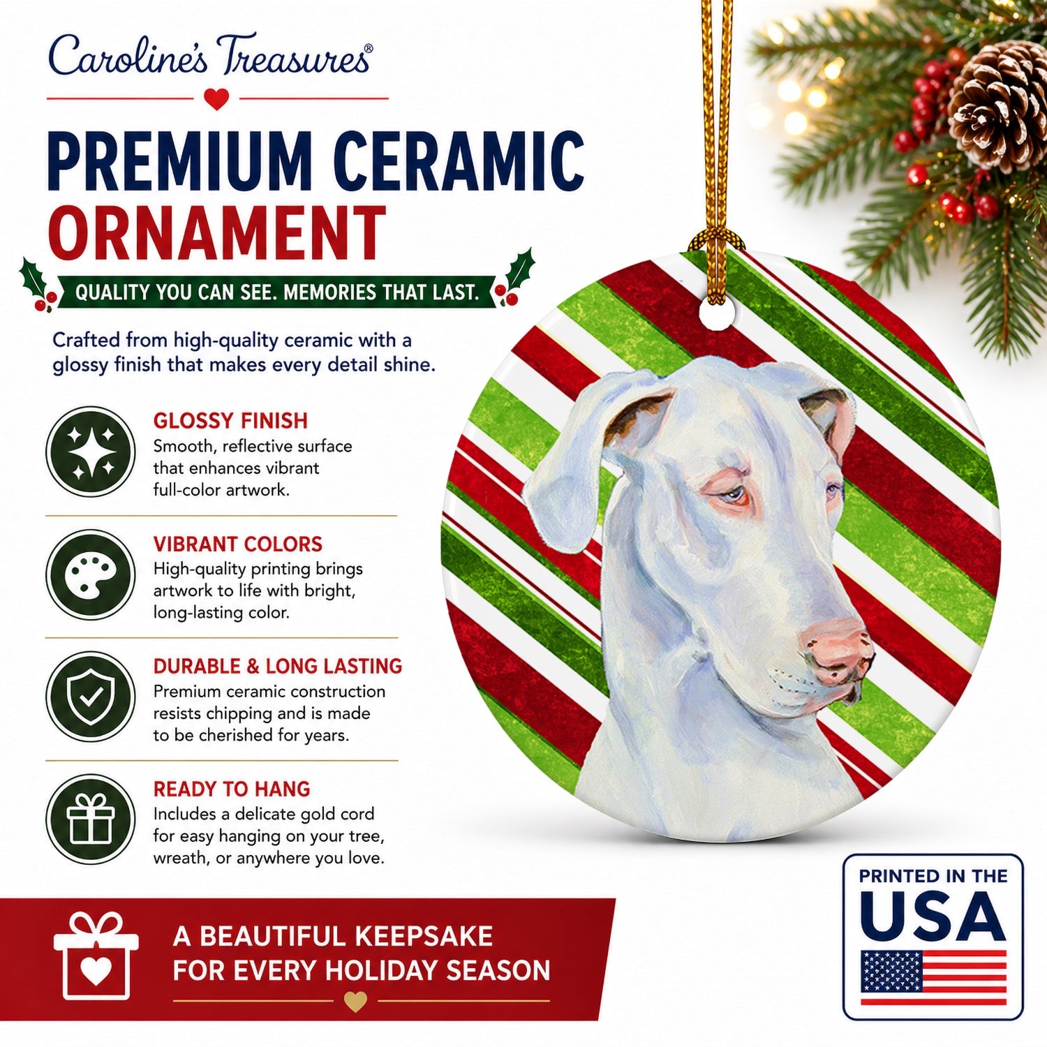 Great Dane Candy Cane Holiday Christmas Ceramic Ornament Christmas Tree Hanging Decorations for Home Christmas Holiday, Party, Gift, 3 in, Multicolor