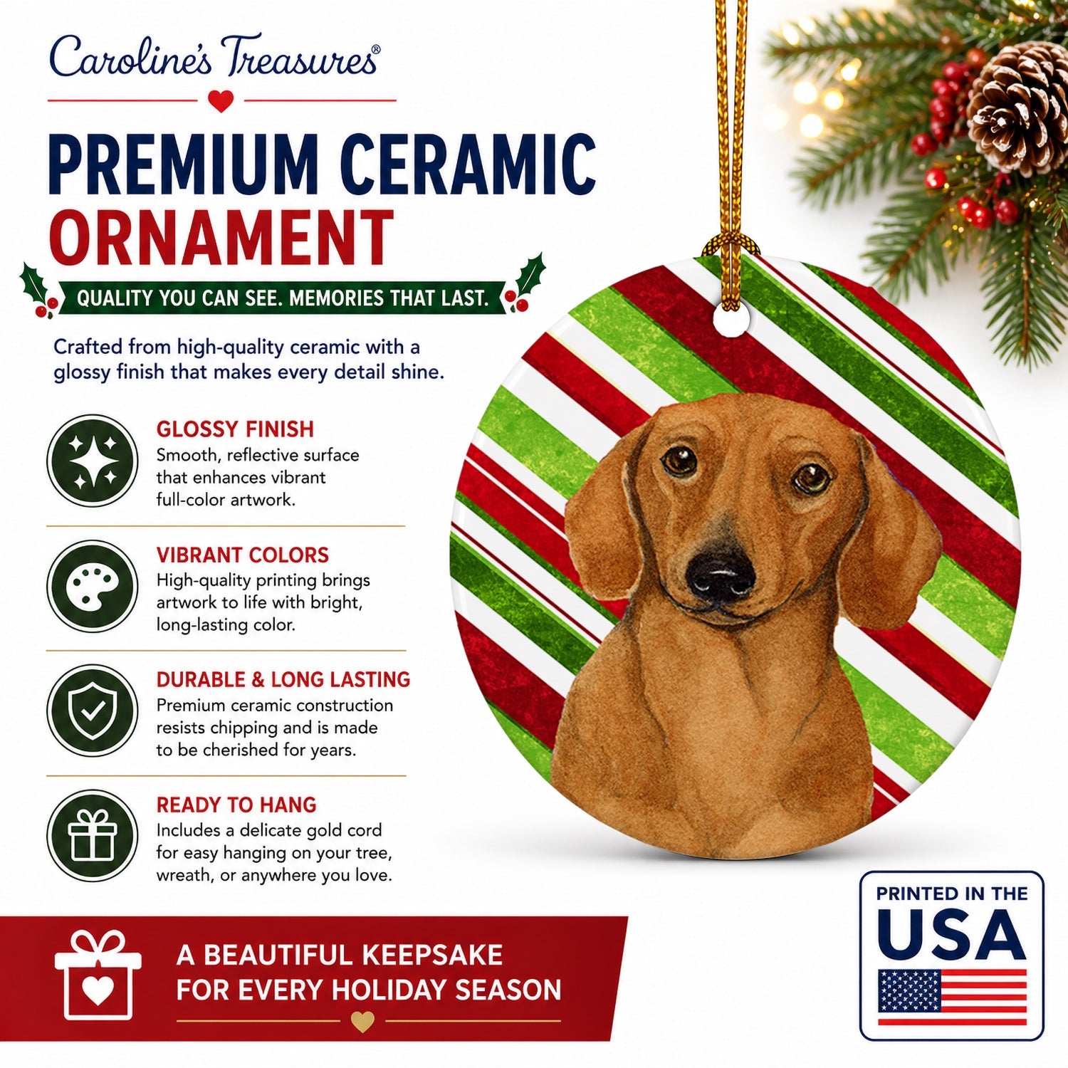 Dachshund Candy Cane Holiday Christmas Ceramic Ornament Christmas Tree Hanging Decorations for Home Christmas Holiday, Party, Gift, 3 in, Multicolor