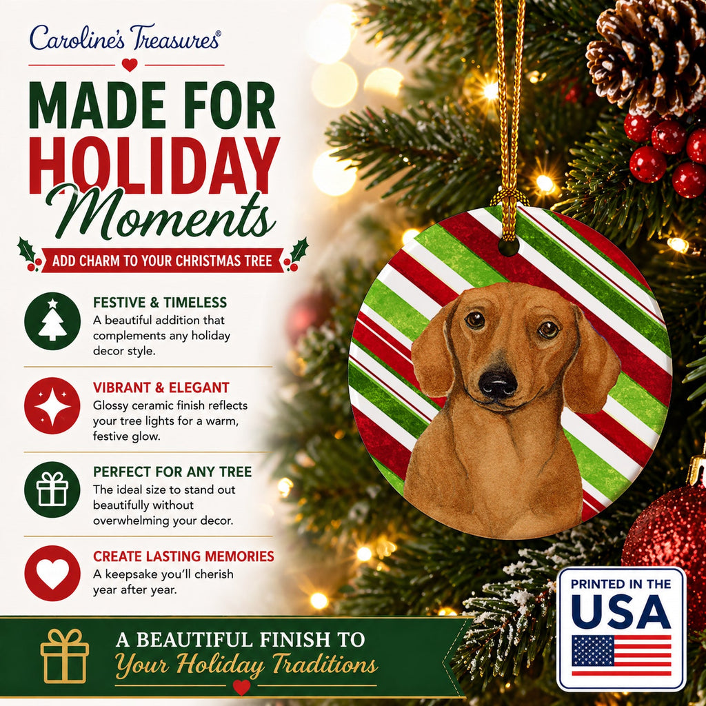 Dachshund Candy Cane Holiday Christmas Ceramic Ornament Christmas Tree Hanging Decorations for Home Christmas Holiday, Party, Gift, 3 in, Multicolor