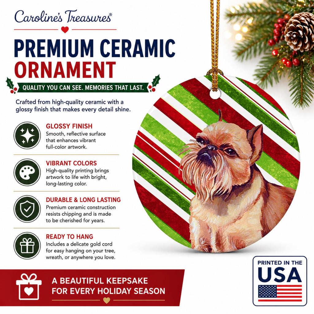 Brussels Griffon Candy Cane Holiday Christmas Ceramic Ornament Christmas Tree Hanging Decorations for Home Christmas Holiday, Party, Gift, 3 in, Multicolor